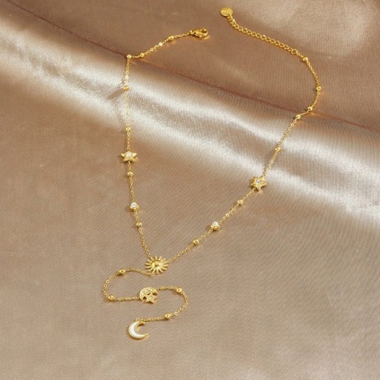 Picture of Wholesale Sun & Moon Tassel Pendant Charm Necklace, 18K Gold Plated 304 Stainless Steel Women's Vacuum Plating Stylish Dainty Gift Jewelry For Retailer 40cm(15.7") + 6cm(2.4") long, 1 Piece