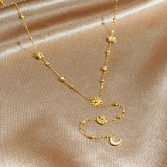 Picture of Wholesale Sun & Moon Tassel Pendant Charm Necklace, 18K Gold Plated 304 Stainless Steel Women's Vacuum Plating Stylish Dainty Gift Jewelry For Retailer 40cm(15.7") + 6cm(2.4") long, 1 Piece