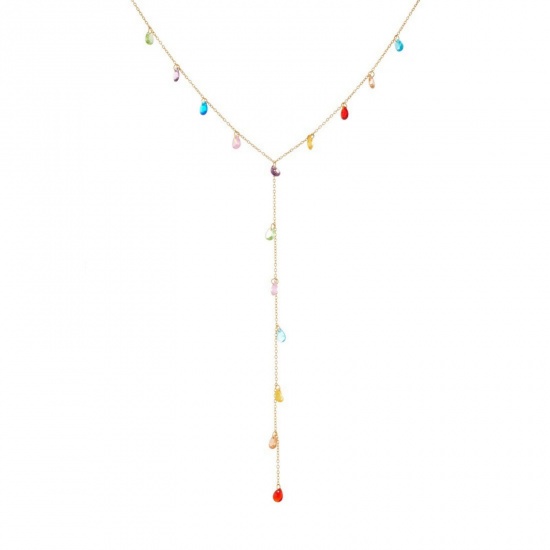 Picture of Wholesale Drop Tassel Station Necklace, 18K Gold Plated 304 Stainless Steel & Glass Women's Vacuum Plating Stylish Dainty Gift Jewelry For Retailer, 45cm(17.7") + 5.5cm(2.2") long, 1 Piece