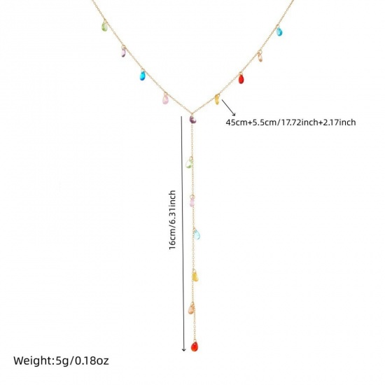 Picture of Wholesale Drop Tassel Station Necklace, 18K Gold Plated 304 Stainless Steel & Glass Women's Vacuum Plating Stylish Dainty Gift Jewelry For Retailer, 45cm(17.7") + 5.5cm(2.2") long, 1 Piece