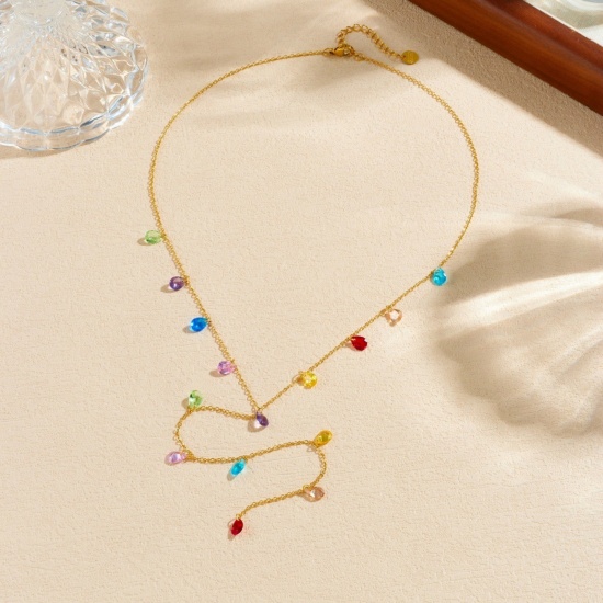 Picture of Wholesale Drop Tassel Station Necklace, 18K Gold Plated 304 Stainless Steel & Glass Women's Vacuum Plating Stylish Dainty Gift Jewelry For Retailer, 45cm(17.7") + 5.5cm(2.2") long, 1 Piece