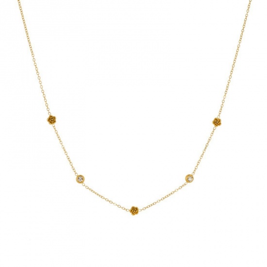 Picture of Wholesale Rose Flower Station Necklace, 18K Gold Plated 304 Stainless Steel & Rhinestone Women's Vacuum Plating Stylish Dainty Gift Jewelry For Retailer, 41cm(16.1") + 5cm(2") long, 1 Piece