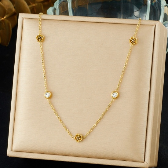 Picture of Wholesale Rose Flower Station Necklace, 18K Gold Plated 304 Stainless Steel & Rhinestone Women's Vacuum Plating Stylish Dainty Gift Jewelry For Retailer, 41cm(16.1") + 5cm(2") long, 1 Piece