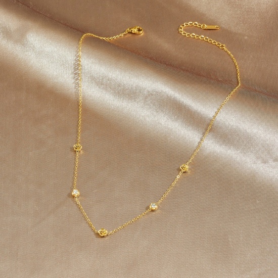 Picture of Wholesale Rose Flower Station Necklace, 18K Gold Plated 304 Stainless Steel & Rhinestone Women's Vacuum Plating Stylish Dainty Gift Jewelry For Retailer, 41cm(16.1") + 5cm(2") long, 1 Piece