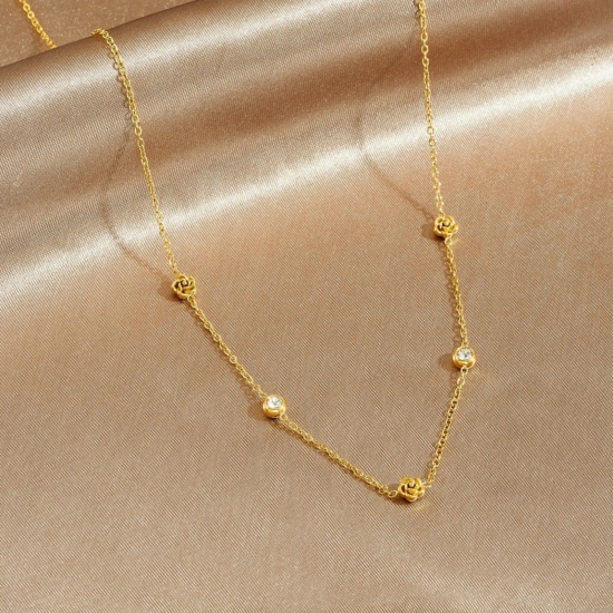 Picture of Wholesale Rose Flower Station Necklace, 18K Gold Plated 304 Stainless Steel & Rhinestone Women's Vacuum Plating Stylish Dainty Gift Jewelry For Retailer, 41cm(16.1") + 5cm(2") long, 1 Piece
