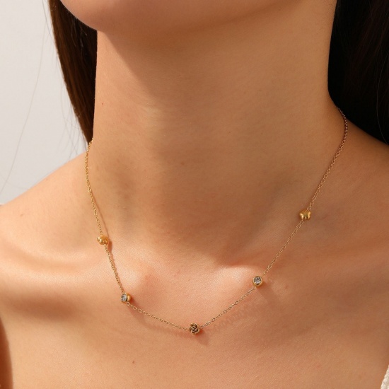 Picture of Wholesale Rose Flower Station Necklace, 18K Gold Plated 304 Stainless Steel & Rhinestone Women's Vacuum Plating Stylish Dainty Gift Jewelry For Retailer, 41cm(16.1") + 5cm(2") long, 1 Piece