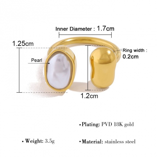Picture of Wholesale Women's Gift White Acrylic Imitation Pearl Open Rings, 18K Gold Plated 304 Stainless Steel, Eco-friendly PVD Vacuum Plating Stylish Dainty Jewelry Supply 17mm(US Size 6.5), 1 Piece