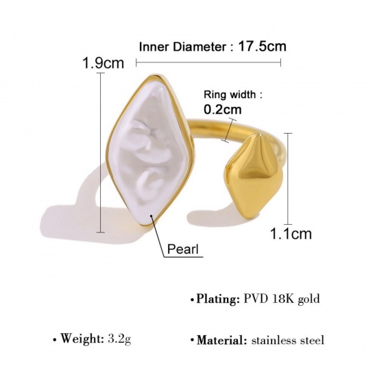 Picture of Wholesale Women's Gift White Acrylic Imitation Pearl Open Rings, 18K Gold Plated 304 Stainless Steel, Eco-friendly PVD Vacuum Plating Stylish Dainty Jewelry Supply 17.5mm(US size 7.25), 1 Piece