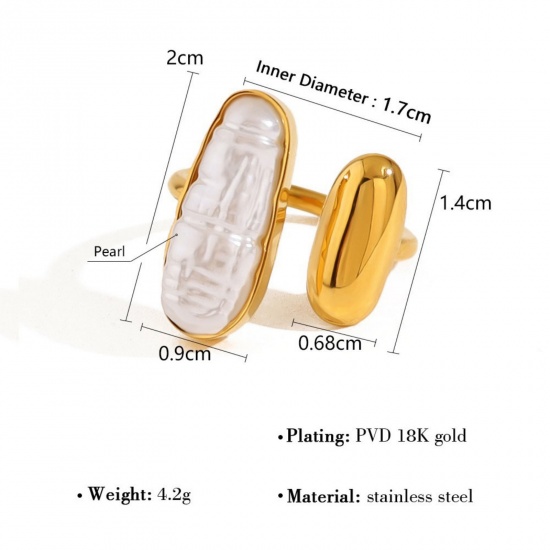 Picture of Wholesale Women's Gift White Acrylic Imitation Pearl Open Rings, 18K Gold Plated 304 Stainless Steel, Eco-friendly PVD Vacuum Plating Stylish Dainty Jewelry Supply 17mm(US Size 6.5), 1 Piece