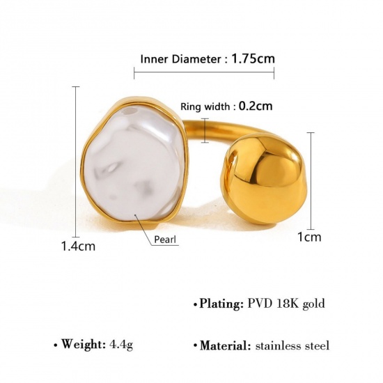 Picture of Wholesale Women's Gift White Acrylic Imitation Pearl Open Rings, 18K Gold Plated 304 Stainless Steel, Eco-friendly PVD Vacuum Plating Stylish Dainty Jewelry Supply 17.5mm(US size 7.25), 1 Piece