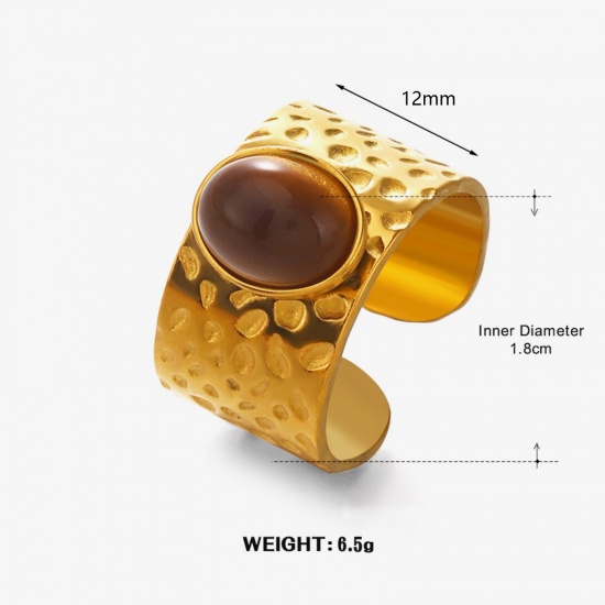 Picture of Wholesale Women's Gift Brown Imitation Gemstones Open Adjustable Rings, 18K Gold Plated 304 Stainless Steel, Vacuum Plating Stylish Retro Jewelry Supply 18mm(US Size 7.75), 1 Piece
