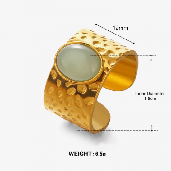 Picture of Wholesale Women's Gift Green Imitation Gemstones Open Adjustable Rings, 18K Gold Plated 304 Stainless Steel, Vacuum Plating Stylish Retro Jewelry Supply 18mm(US Size 7.75), 1 Piece