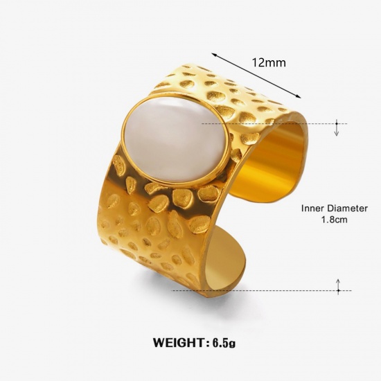 Picture of Wholesale Women's Gift White Imitation Gemstones Open Adjustable Rings, 18K Gold Plated 304 Stainless Steel, Vacuum Plating Stylish Retro Jewelry Supply 18mm(US Size 7.75), 1 Piece