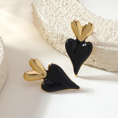 Imagen de Al Por Mayor día de San Valentín Elegante Pendientes de Poste de Oreja, Corazón Negro Esmalte Chapado en Oro de 18K 304 Acero Inoxidable, Mujeres Recubrimiento al Vacío PVD Ecológico Regalo Suministro de Joyería 3.4cm x 1.7cm, 1 Par