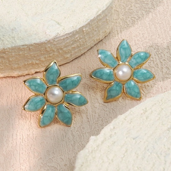 Picture of Wholesale Imitation Pearl Stylish Ear Post Stud Earrings, Flower Blue Enamel 18K Gold Plated 304 Stainless Steel, Women's Eco-friendly PVD Vacuum Plating Gift Jewelry Supply 25mm Dia., 1 Pair