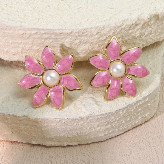 Picture of Wholesale Imitation Pearl Stylish Ear Post Stud Earrings, Flower Pink Enamel 18K Gold Plated 304 Stainless Steel, Women's Eco-friendly PVD Vacuum Plating Gift Jewelry Supply 25mm Dia., 1 Pair