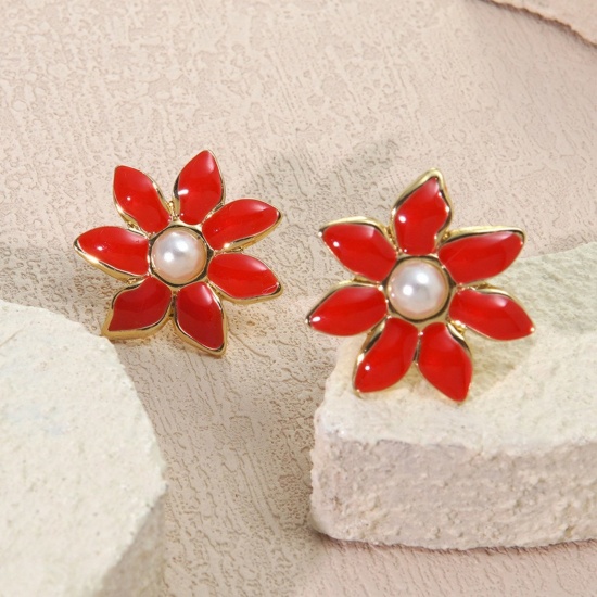 Picture of Wholesale Imitation Pearl Stylish Ear Post Stud Earrings, Flower Red Enamel 18K Gold Plated 304 Stainless Steel, Women's Eco-friendly PVD Vacuum Plating Gift Jewelry Supply 25mm Dia., 1 Pair