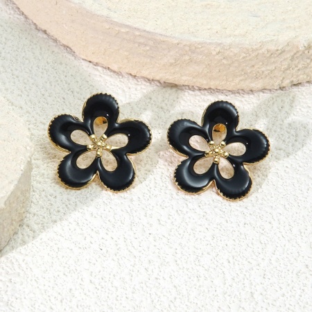 Imagen de Al Por Mayor Colección Flora Elegante Pendientes de Poste de Oreja, Flor Negro Esmalte Chapado en Oro de 18K 304 Acero Inoxidable, Mujeres Recubrimiento al Vacío PVD Ecológico Regalo Suministro de Joyería 25mm Dia., 1 Par