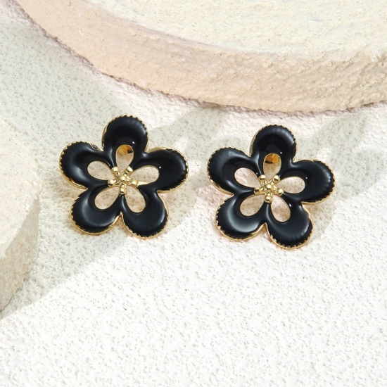Picture of Wholesale Flora Collection Stylish Ear Post Stud Earrings, Flower Black Enamel 18K Gold Plated 304 Stainless Steel, Women's Eco-friendly PVD Vacuum Plating Gift Jewelry Supply 25mm Dia., 1 Pair