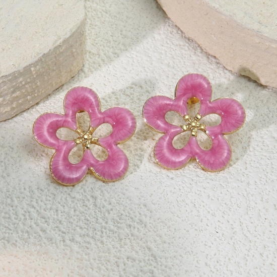Picture of Wholesale Flora Collection Stylish Ear Post Stud Earrings, Flower Pink Enamel 18K Gold Plated 304 Stainless Steel, Women's Eco-friendly PVD Vacuum Plating Gift Jewelry Supply 25mm Dia., 1 Pair