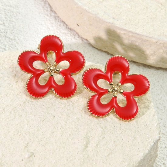 Picture of Wholesale Flora Collection Stylish Ear Post Stud Earrings, Flower Red Enamel 18K Gold Plated 304 Stainless Steel, Women's Eco-friendly PVD Vacuum Plating Gift Jewelry Supply 25mm Dia., 1 Pair