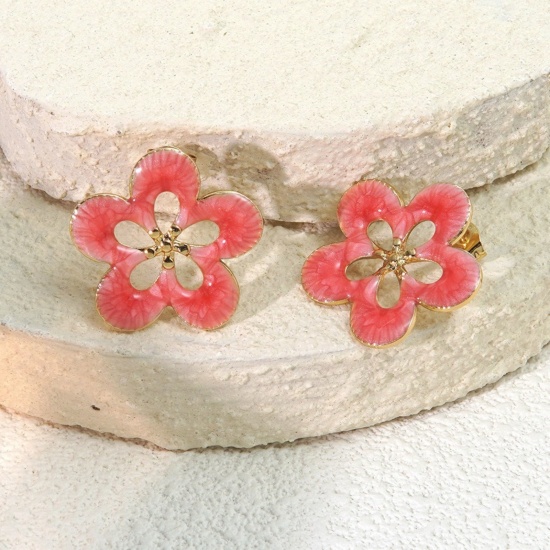 Picture of Wholesale Flora Collection Stylish Ear Post Stud Earrings, Flower Rose Red Enamel 18K Gold Plated 304 Stainless Steel, Women's Eco-friendly PVD Vacuum Plating Gift Jewelry Supply 25mm Dia., 1 Pair