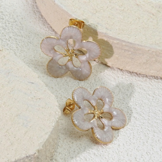 Picture of Wholesale Flora Collection Stylish Ear Post Stud Earrings, Flower White Enamel 18K Gold Plated 304 Stainless Steel, Women's Eco-friendly PVD Vacuum Plating Gift Jewelry Supply 25mm Dia., 1 Pair