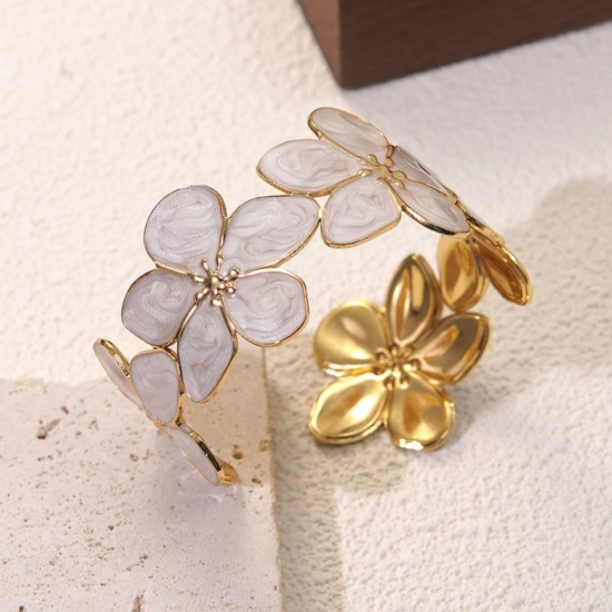 Picture of Wholesale Flower White Enamel 304 Stainless Steel Open Cuff Bangles Bracelets, 18K Gold Plated Eco-friendly PVD Vacuum Plating, Women's Flora Collection Dainty Gift Jewelry Supply, 5cm Dia., 1 Piece