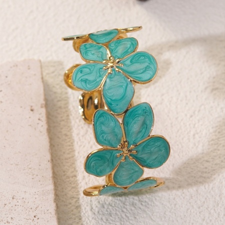 Picture of Wholesale Flower Blue Enamel 304 Stainless Steel Open Cuff Bangles Bracelets, 18K Gold Plated Eco-friendly PVD Vacuum Plating, Women's Flora Collection Dainty Gift Jewelry Supply, 5cm Dia., 1 Piece