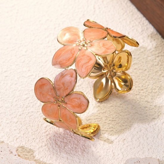 Picture of Wholesale Flower Orange Pink Enamel 304 Stainless Steel Open Cuff Bangles Bracelets, 18K Gold Plated Eco-friendly PVD Vacuum Plating, Women's Flora Collection Dainty Gift Jewelry Supply, 5cm Dia., 1 Piece