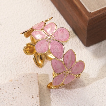 Picture of Wholesale Flower Pink Enamel 304 Stainless Steel Open Cuff Bangles Bracelets, 18K Gold Plated Eco-friendly PVD Vacuum Plating, Women's Flora Collection Dainty Gift Jewelry Supply, 5cm Dia., 1 Piece
