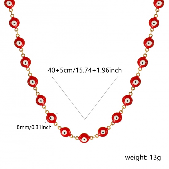 Bild von Großhandel Böser Blick Evil Eye Rot Doppelseitige Emaille Handgefertigte Gliederkette Halskette, 18K Echtgold plattiert 304 Edelstahl, Frauen Umweltfreundliche PVD-Vakuumbeschichtung, wasserdicht, anlaufgeschützt und hypoallergen Religiös Retro Geschenk Schmuck für Einzelhändler, 40cm + 5cm lang, Ke