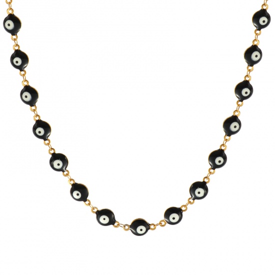 Bild von Großhandel Böser Blick Evil Eye Schwarz Doppelseitige Emaille Handgefertigte Gliederkette Halskette, 18K Echtgold plattiert 304 Edelstahl, Frauen Umweltfreundliche PVD-Vakuumbeschichtung, wasserdicht, anlaufgeschützt und hypoallergen Religiös Retro Geschenk Schmuck für Einzelhändler, 40cm + 5cm lang