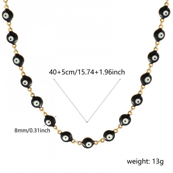 Bild von Großhandel Böser Blick Evil Eye Schwarz Doppelseitige Emaille Handgefertigte Gliederkette Halskette, 18K Echtgold plattiert 304 Edelstahl, Frauen Umweltfreundliche PVD-Vakuumbeschichtung, wasserdicht, anlaufgeschützt und hypoallergen Religiös Retro Geschenk Schmuck für Einzelhändler, 40cm + 5cm lang