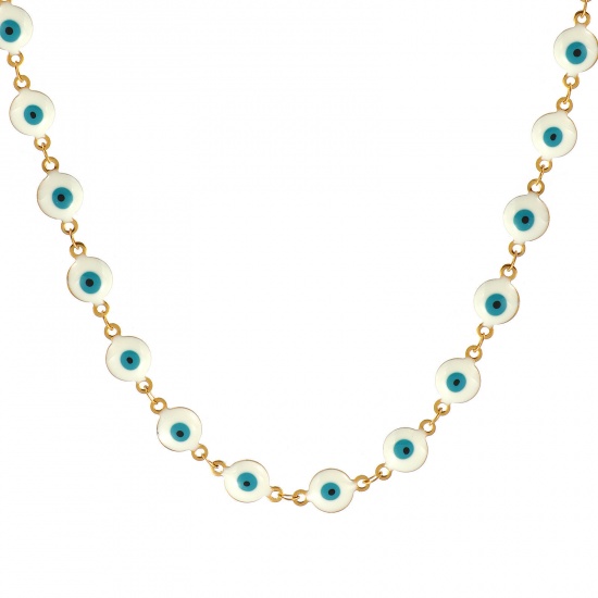 Bild von Großhandel Böser Blick Evil Eye Weiß Doppelseitige Emaille Handgefertigte Gliederkette Halskette, 18K Echtgold plattiert 304 Edelstahl, Frauen Umweltfreundliche PVD-Vakuumbeschichtung, wasserdicht, anlaufgeschützt und hypoallergen Religiös Retro Geschenk Schmuck für Einzelhändler, 40cm + 5cm lang, K