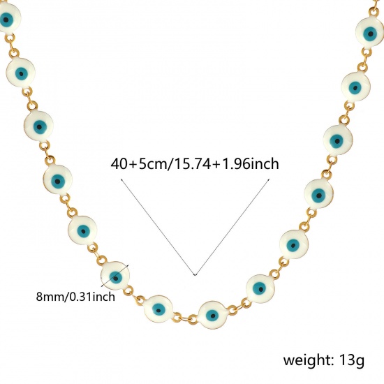 Bild von Großhandel Böser Blick Evil Eye Weiß Doppelseitige Emaille Handgefertigte Gliederkette Halskette, 18K Echtgold plattiert 304 Edelstahl, Frauen Umweltfreundliche PVD-Vakuumbeschichtung, wasserdicht, anlaufgeschützt und hypoallergen Religiös Retro Geschenk Schmuck für Einzelhändler, 40cm + 5cm lang, K
