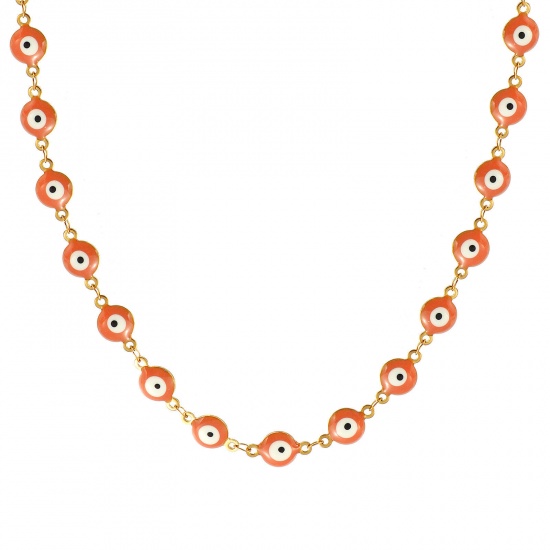 Bild von Großhandel Böser Blick Evil Eye Orange Rosa Doppelseitige Emaille Handgefertigte Gliederkette Halskette, 18K Echtgold plattiert 304 Edelstahl, Frauen Umweltfreundliche PVD-Vakuumbeschichtung, wasserdicht, anlaufgeschützt und hypoallergen Religiös Retro Geschenk Schmuck für Einzelhändler, 40cm + 5cm