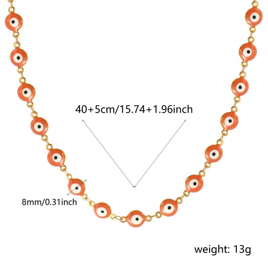 Bild von Großhandel Böser Blick Evil Eye Orange Rosa Doppelseitige Emaille Handgefertigte Gliederkette Halskette, 18K Echtgold plattiert 304 Edelstahl, Frauen Umweltfreundliche PVD-Vakuumbeschichtung, wasserdicht, anlaufgeschützt und hypoallergen Religiös Retro Geschenk Schmuck für Einzelhändler, 40cm + 5cm
