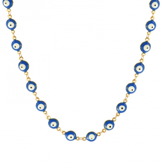 Bild von Großhandel Böser Blick Evil Eye Dunkelblau Doppelseitige Emaille Handgefertigte Gliederkette Halskette, 18K Echtgold plattiert 304 Edelstahl, Frauen Umweltfreundliche PVD-Vakuumbeschichtung, wasserdicht, anlaufgeschützt und hypoallergen Religiös Retro Geschenk Schmuck für Einzelhändler, 40cm + 5cm l