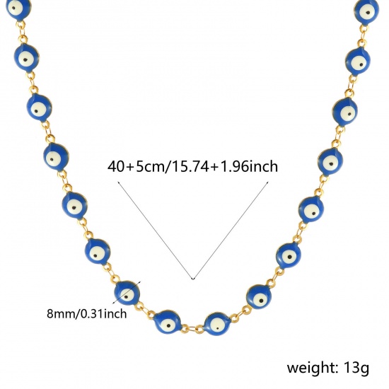 Bild von Großhandel Böser Blick Evil Eye Dunkelblau Doppelseitige Emaille Handgefertigte Gliederkette Halskette, 18K Echtgold plattiert 304 Edelstahl, Frauen Umweltfreundliche PVD-Vakuumbeschichtung, wasserdicht, anlaufgeschützt und hypoallergen Religiös Retro Geschenk Schmuck für Einzelhändler, 40cm + 5cm l