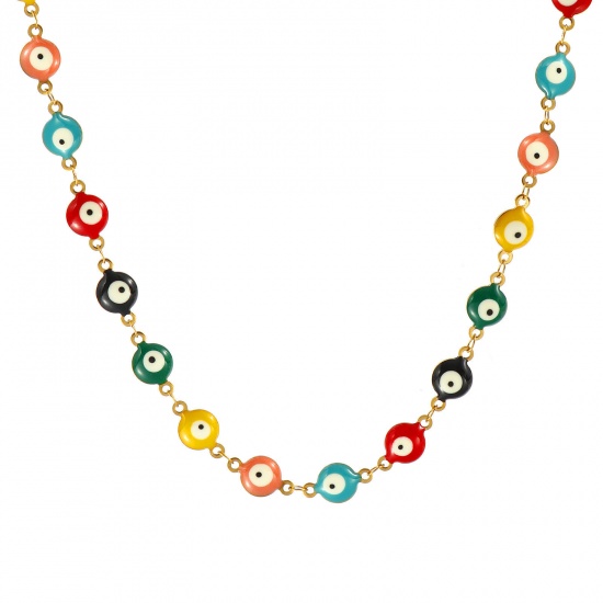 Bild von Großhandel Böser Blick Evil Eye Bunt Doppelseitige Emaille Handgefertigte Gliederkette Halskette, 18K Echtgold plattiert 304 Edelstahl, Frauen Umweltfreundliche PVD-Vakuumbeschichtung, wasserdicht, anlaufgeschützt und hypoallergen Religiös Retro Geschenk Schmuck für Einzelhändler, 40cm + 5cm lang, K