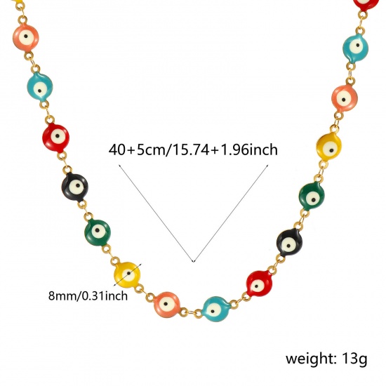 Bild von Großhandel Böser Blick Evil Eye Bunt Doppelseitige Emaille Handgefertigte Gliederkette Halskette, 18K Echtgold plattiert 304 Edelstahl, Frauen Umweltfreundliche PVD-Vakuumbeschichtung, wasserdicht, anlaufgeschützt und hypoallergen Religiös Retro Geschenk Schmuck für Einzelhändler, 40cm + 5cm lang, K