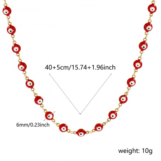 Bild von Großhandel Böser Blick Evil Eye Rot Doppelseitige Emaille Handgefertigte Gliederkette Halskette, 18K Echtgold plattiert 304 Edelstahl, Frauen Umweltfreundliche PVD-Vakuumbeschichtung, wasserdicht, anlaufgeschützt und hypoallergen Religiös Retro Geschenk Schmuck für Einzelhändler, 40cm + 5cm lang, Ke
