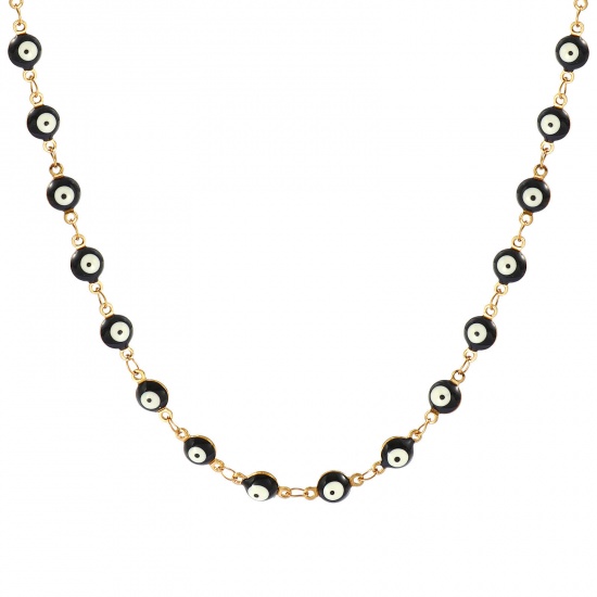 Bild von Großhandel Böser Blick Evil Eye Schwarz Doppelseitige Emaille Handgefertigte Gliederkette Halskette, 18K Echtgold plattiert 304 Edelstahl, Frauen Umweltfreundliche PVD-Vakuumbeschichtung, wasserdicht, anlaufgeschützt und hypoallergen Religiös Retro Geschenk Schmuck für Einzelhändler, 40cm + 5cm lang