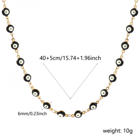 Bild von Großhandel Böser Blick Evil Eye Schwarz Doppelseitige Emaille Handgefertigte Gliederkette Halskette, 18K Echtgold plattiert 304 Edelstahl, Frauen Umweltfreundliche PVD-Vakuumbeschichtung, wasserdicht, anlaufgeschützt und hypoallergen Religiös Retro Geschenk Schmuck für Einzelhändler, 40cm + 5cm lang