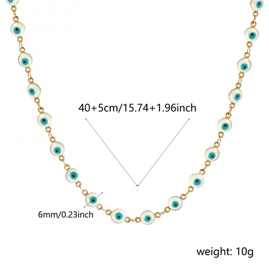 Bild von Großhandel Böser Blick Evil Eye Weiß Doppelseitige Emaille Handgefertigte Gliederkette Halskette, 18K Echtgold plattiert 304 Edelstahl, Frauen Umweltfreundliche PVD-Vakuumbeschichtung, wasserdicht, anlaufgeschützt und hypoallergen Religiös Retro Geschenk Schmuck für Einzelhändler, 40cm + 5cm lang, K