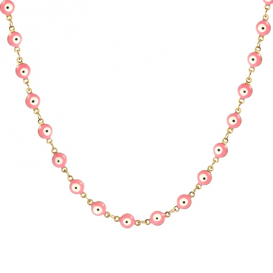 Bild von Großhandel Böser Blick Evil Eye Rosa Doppelseitige Emaille Handgefertigte Gliederkette Halskette, 18K Echtgold plattiert 304 Edelstahl, Frauen Umweltfreundliche PVD-Vakuumbeschichtung, wasserdicht, anlaufgeschützt und hypoallergen Religiös Retro Geschenk Schmuck für Einzelhändler, 40cm + 5cm lang, K