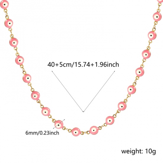 Bild von Großhandel Böser Blick Evil Eye Rosa Doppelseitige Emaille Handgefertigte Gliederkette Halskette, 18K Echtgold plattiert 304 Edelstahl, Frauen Umweltfreundliche PVD-Vakuumbeschichtung, wasserdicht, anlaufgeschützt und hypoallergen Religiös Retro Geschenk Schmuck für Einzelhändler, 40cm + 5cm lang, K