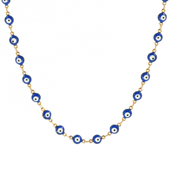 Bild von Großhandel Böser Blick Evil Eye Dunkelblau Doppelseitige Emaille Handgefertigte Gliederkette Halskette, 18K Echtgold plattiert 304 Edelstahl, Frauen Umweltfreundliche PVD-Vakuumbeschichtung, wasserdicht, anlaufgeschützt und hypoallergen Religiös Retro Geschenk Schmuck für Einzelhändler, 40cm + 5cm l