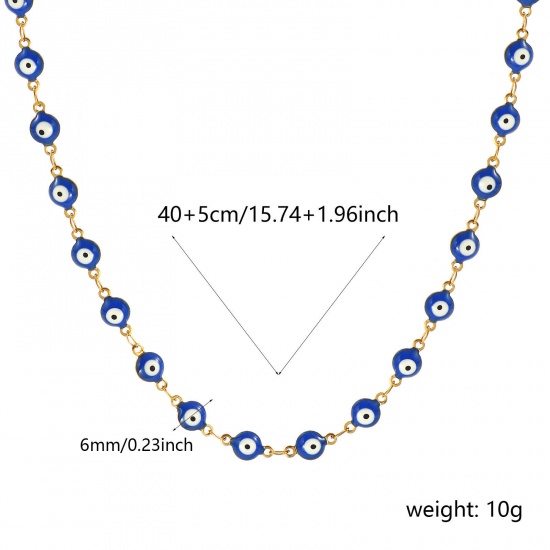 Bild von Großhandel Böser Blick Evil Eye Dunkelblau Doppelseitige Emaille Handgefertigte Gliederkette Halskette, 18K Echtgold plattiert 304 Edelstahl, Frauen Umweltfreundliche PVD-Vakuumbeschichtung, wasserdicht, anlaufgeschützt und hypoallergen Religiös Retro Geschenk Schmuck für Einzelhändler, 40cm + 5cm l